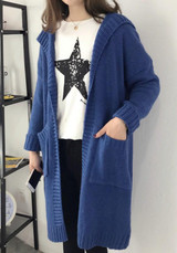 Blue Pockets Hooded V-neck Long Sleeve Cardigan Sweater