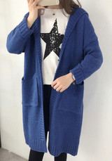Blue Pockets Hooded V-neck Long Sleeve Cardigan Sweater