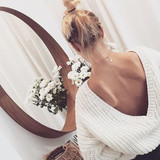 White Plain V-Back Neck Loose Fashion Pullover Sweater