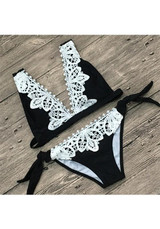 Black Patchwork Lace Crop 2-in-1 V-neck Fashion Swimwear