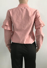 Pink Patchwork Zipper Ruffle Long Sleeve Band Collar Casual Coat