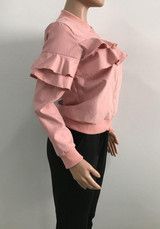 Pink Patchwork Zipper Ruffle Long Sleeve Band Collar Casual Coat