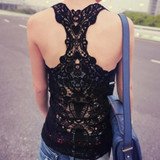 Black Patchwork Lace Hollow-out Round Neck Sleeveless Vest