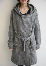 Grey Belt Pockets Hooded V-neck Long Sleeve Cardigan Sweater