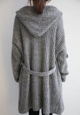 Grey Belt Pockets Hooded V-neck Long Sleeve Cardigan Sweater Grey Belt Pockets Hooded V-neck Long Sleeve Cardigan Sweater