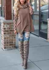 Khaki Patchwork Plaid Print Long Sleeve Cowl Neck Oversized Casual T-Shirt