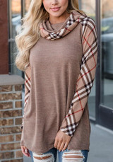 Khaki Patchwork Plaid Print Long Sleeve Cowl Neck Oversized Casual T-Shirt