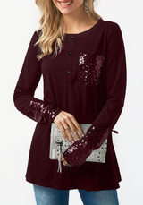 Burgundy Patchwork Sequin Pockets Buttons Round Neck Casual T-Shirt