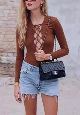 Camel Plain Lace-up Hollow-out Deep V Long Sleeve Backless T-Shirt