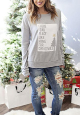 Grey-White Monogram Print Round Neck Long Sleeve Casual Pullover Sweatshirt