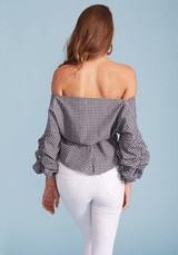 Black Plaid Cascading Ribbons Ruffle Sashes Lace-up Deep V-neck Puff Sleeve Club T-Shirt