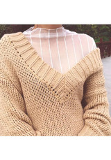 White Striped Lace Hollow-out High Neck Fashion Blouse