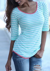 Sky Blue Striped Print Bow Backless Casual Going out T-Shirt