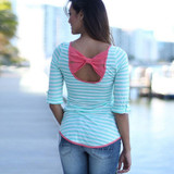 Sky Blue Striped Print Bow Backless Casual Going out T-Shirt