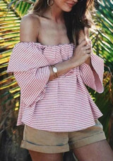 Pink-White Striped Ruffle Off Shoulder Backless Sweet Going out Blouse Pink-White Striped Ruffle Off Shoulder Backless Sweet Going out Blouse