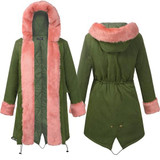 Army Green Patchwork Drawstring Pink Fur Hooded Long Sleeve Fashion Parka Coat