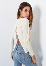 White Irregular Tie Back Bow Backless V-neck Long Sleeve T-Shirt