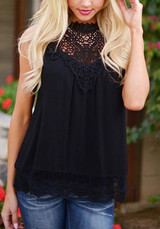 Black Patchwork Hollow-out Lace Cut Out Fashion Vest