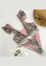 Pink Floral Ruffle Belt 2-in-1 V-neck Fashion Swimwear