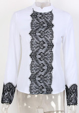 White Patchwork Lace Zipper Round Neck Long Sleeve Fashion Blouse