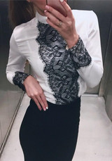 White Patchwork Lace Zipper Round Neck Long Sleeve Fashion Blouse