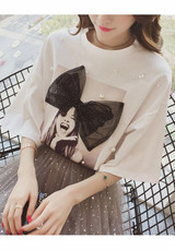 White Floral Print Bow Pearl Round Neck Short Sleeve T-Shirt