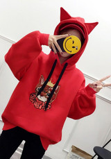 Red Animal Print Drawstring Hooded Long Sleeve Pullover Sweatshirt