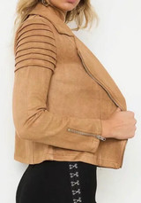 Khaki Pockets Zipper Suede Tailored Collar Fashion Coat