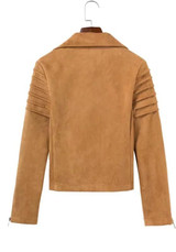 Khaki Pockets Zipper Suede Tailored Collar Fashion Coat