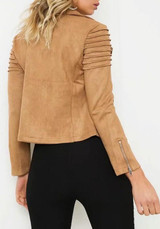 Khaki Pockets Zipper Suede Tailored Collar Fashion Coat
