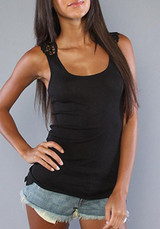 Black Patchwork Lace Scoop Neck Streetwear Cotton Vest