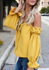 Yellow Irregular Bow Ruffle Boat Neck Long Sleeve Blouse