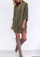 Army Green Irregular V-neck Chiffon Elbow Sleeve Fashion Blouse