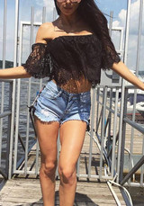 Black Floral Lace Off Shoulder Backless Sweet Going out Blouse Black Floral Lace Off Shoulder Backless Sweet Going out Blouse