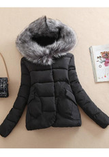 Black Patchwork Pockets Buttons Zipper Fur Collar Hooded Padded Coat