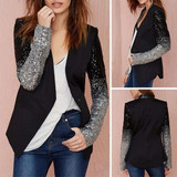 Black Patchwork Sequin Buttons Long Sleeve Lapelless Blazer