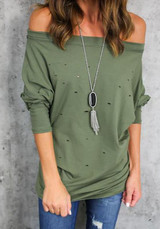 Green Cut Out Boat Neck Long Sleeve Fashion T-Shirt