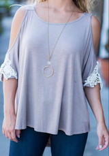 Grey Patchwork Lace Cut Out Off Shoulder Irregular Casual T-Shirt