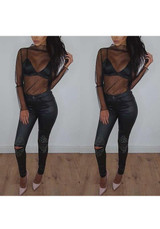 Black Patchwork Grenadine Long Sleeve Slim Blouse