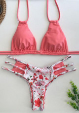 Pink Floral Tie Back Cut Out 2-in-1 V-neck Swimwear