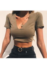 Army Green Midriff Tie Back Cut Out V-neck Fashion T-Shirt