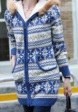 Blue Floral Pockets Hooded V-neck Long Sleeve Cardigan Coat