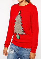 Red Christmas Tree Print Round Neck Long Sleeve Fashion Pullover Sweater