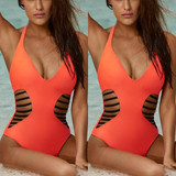 Orange Cut Out Open Back Halter Neck Plunging Neckline Swimwear