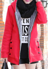 Red Pockets Zipper Hooded Plunging Neckline Long Sleeve Cardigan Coat