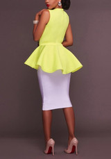 Yellow Flower Ruffle Zipper Peplum Prom Evening Party Round Neck Party Blouse