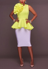 Yellow Flower Ruffle Zipper Peplum Prom Evening Party Round Neck Party Blouse