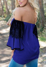 Royal Blue Patchwork Lace Pleated Lantern Sleeve Off Shoulder Backless Casual Blouse