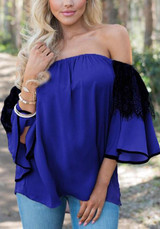Royal Blue Patchwork Lace Pleated Lantern Sleeve Off Shoulder Backless Casual Blouse