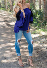 Royal Blue Patchwork Lace Pleated Lantern Sleeve Off Shoulder Backless Casual Blouse